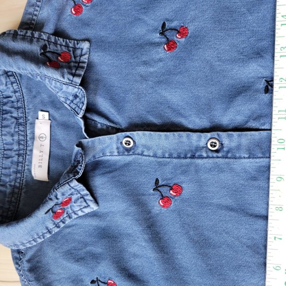 BILLY T Size Small Button Down Denim Shirt Cherry Pattern Blue Red Lyocell - Picture 8 of 11